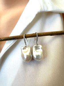 Large White Baroque Pearl Dangle Earrings, Cz Pave Sterling Silver Fish Hooks, 20-40mm, Bridal Jewelry