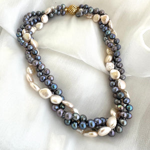 Multi Strand Twisted Black & White Pearl Necklace, 17"