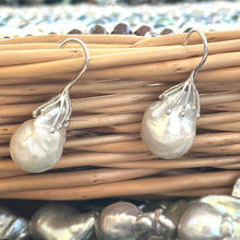 Load image into Gallery viewer, White Baroque Pearl Drop Earrings, in Silver or GV
