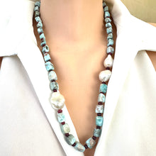 Load image into Gallery viewer, Blue Larimar, Red Rubies &amp; Baroque Pearl Necklace, 24.5”,  Silver Marine Clasp
