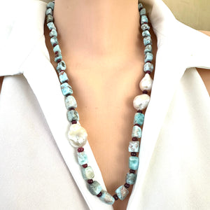 Blue Larimar, Red Rubies & Baroque Pearl Necklace, 24.5”,  Silver Marine Clasp