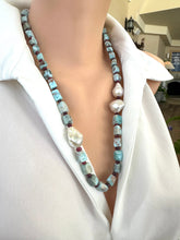 Load image into Gallery viewer, Blue Larimar, Red Rubies &amp; Baroque Pearl Necklace, 24.5”,  Silver Marine Clasp
