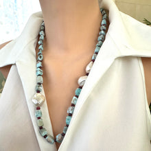 Load image into Gallery viewer, Blue Larimar, Red Rubies &amp; Baroque Pearl Necklace, 24.5”,  Silver Marine Clasp
