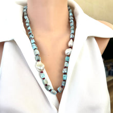 Load image into Gallery viewer, Blue Larimar, Red Rubies &amp; Baroque Pearl Necklace, 24.5”,  Silver Marine Clasp
