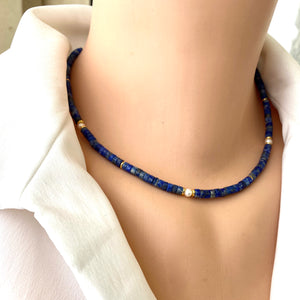 Lapis Lazuli & Freshwater Pearl Choker Necklace, Gold plated, 15-16.5"inches