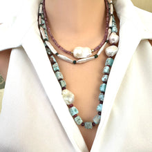 Load image into Gallery viewer, Blue Larimar, Red Rubies &amp; Baroque Pearl Necklace, 24.5”,  Silver Marine Clasp
