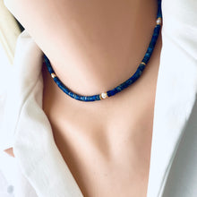 Load image into Gallery viewer, Lapis Lazuli &amp; Freshwater Pearl Choker Necklace, Gold plated, 15-16.5&quot;inches
