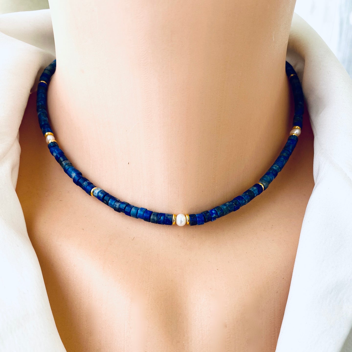 Lapis Lazuli & Freshwater Pearl Choker Necklace, Gold plated, 15-16.5