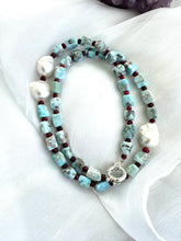 Load image into Gallery viewer, Blue Larimar, Red Rubies &amp; Baroque Pearl Necklace, 24.5”,  Silver Marine Clasp
