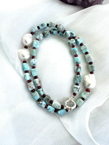 Blue Larimar, Red Rubies & Baroque Pearl Necklace, 24.5”,  Silver Marine Clasp