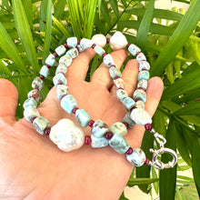 Load image into Gallery viewer, Blue Larimar, Red Rubies &amp; Baroque Pearl Necklace, 24.5”,  Silver Marine Clasp
