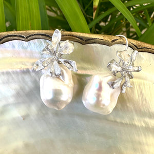 Flower Petals Design Baroque Pearl Drop Earrings, GV and Silver 34mm