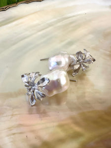 Flower Petals Design Baroque Pearl Drop Earrings, GV and Silver 34mm