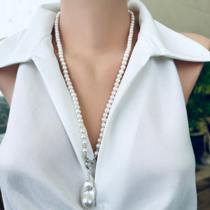 Pearl Necklace with Removable Baroque Pearl Pendant, 26", Sterling Silver Marine Clasp