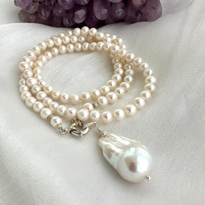 Pearl Necklace with Removable Baroque Pearl Pendant, 26", Sterling Silver Marine Clasp