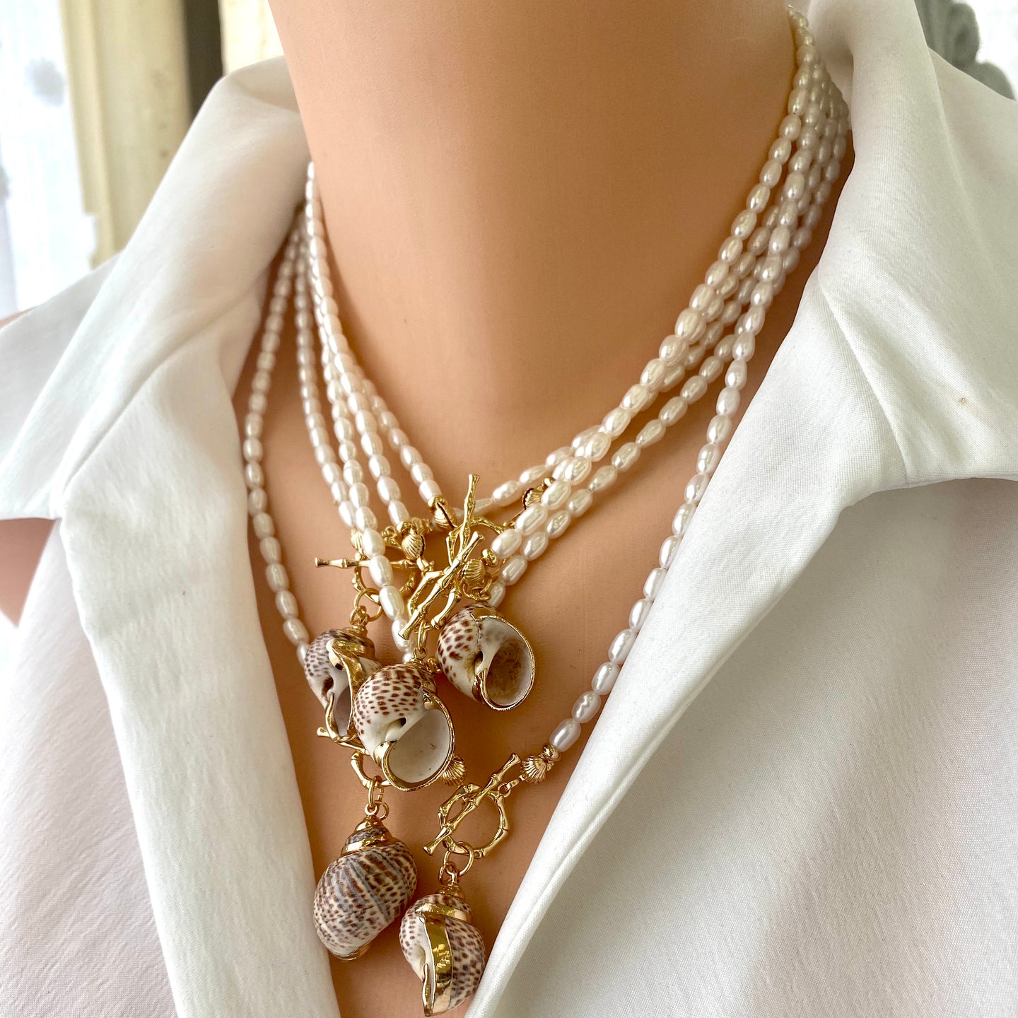 Real Seashell Pendant and Pearl Necklace, Gold Plated, 16”-19