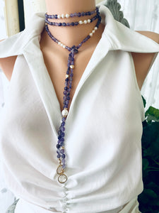 Amethyst & Freshwater Pearl Long Necklace, 61 'in, Gold Plated, February Birthstone