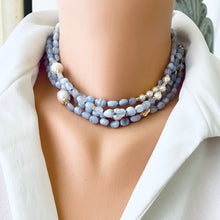 Load image into Gallery viewer, Blue Lace Agate &amp; Freshwater Pearl Necklace, 64 &#39;in Long Layered Necklace, Gold Plated
