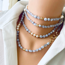 Load image into Gallery viewer, Versatile necklace. Long Blue Lace Agate and freshwater pearl necklace
