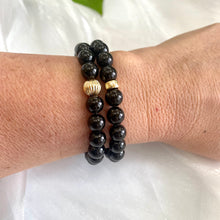 Load image into Gallery viewer, Black Tourmaline Bracelet in 8mm, Gold Filled, Genuine Tourmaline Stretch Bracelet For Her or Him, 7&quot;in,
