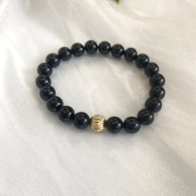 Load image into Gallery viewer, Black Tourmaline Bracelet in 8mm, Gold Filled, Genuine Tourmaline Stretch Bracelet For Her or Him, 7&quot;in,
