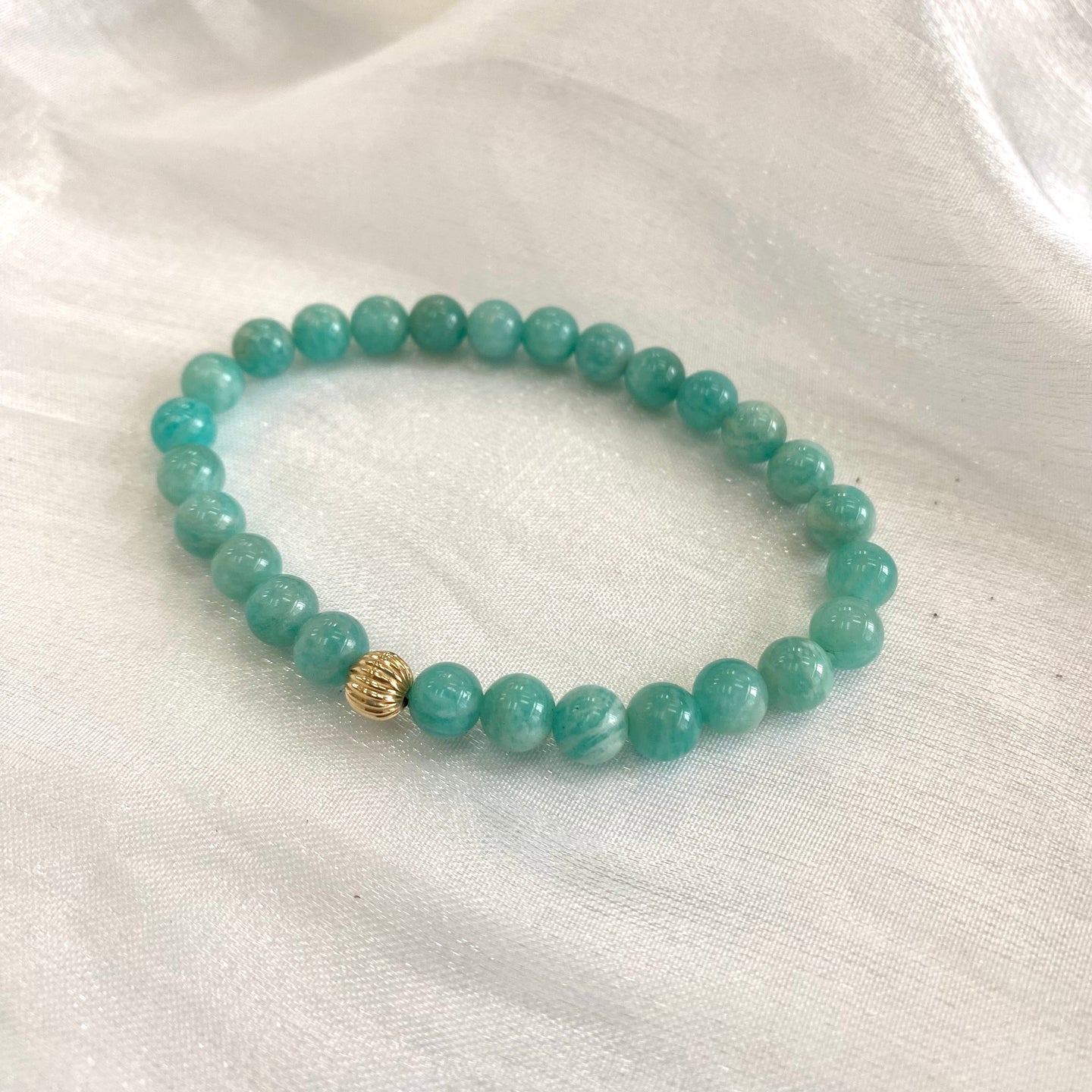 Green Russian Amazonite Stretchy Bracelet in 6 or 8mm, Gold Filled, 7