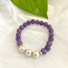 Load image into Gallery viewer, Amethyst &amp; Freshwater Pearl Bracelet, Gold Filled, 7&quot;inches, 8mm Beads, February Birthstone
