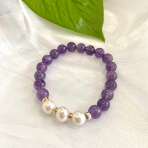 Amethyst & Freshwater Pearl Bracelet, Gold Filled, 7"inches, 8mm Beads, February Birthstone