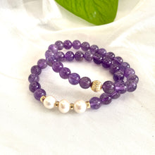 Load image into Gallery viewer, Amethyst &amp; Freshwater Pearl Bracelet, Gold Filled, 7&quot;inches, 8mm Beads, February Birthstone
