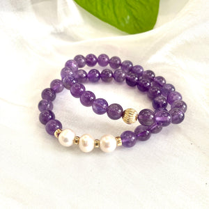 Amethyst & Freshwater Pearl Bracelet, Gold Filled, 7"inches, 8mm Beads, February Birthstone