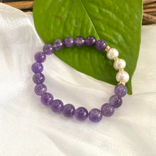 Load image into Gallery viewer, Amethyst &amp; Freshwater Pearl Bracelet, Gold Filled, 7&quot;inches, 8mm Beads, February Birthstone
