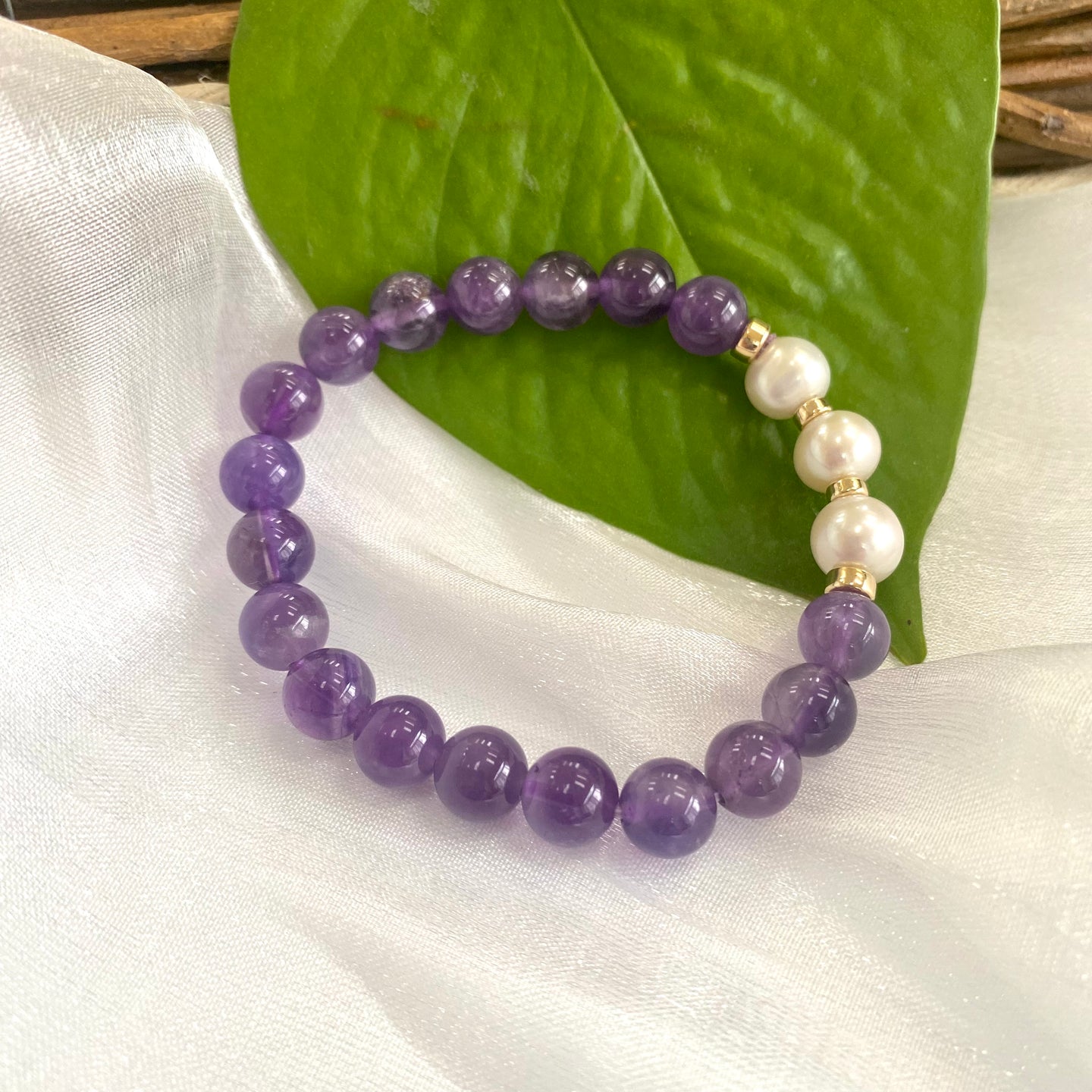 Amethyst & Freshwater Pearl Bracelet, 14K GF, 7