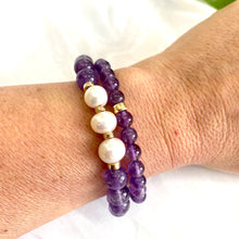 Load image into Gallery viewer, Amethyst &amp; Freshwater Pearl Bracelet, Gold Filled, 7&quot;inches, 8mm Beads, February Birthstone
