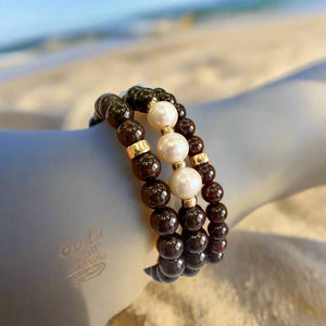 Dark Red Garnet Stretchy Bracelet in 6 or 8mm, Freshwater Pearls, Gold Filled, January Birthday Gift, 7"inch 