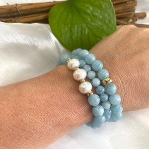 Aquamarine & Freshwater Pearl Bracelet, March Birthstone, Gold Filled, 7"inches, 8mm Beads