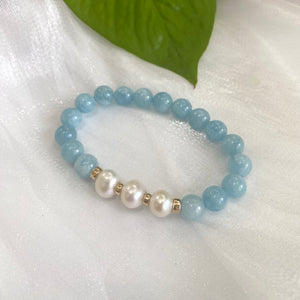 Aquamarine & Freshwater Pearl Bracelet, March Birthstone, Gold Filled, 7"inches, 8mm Beads