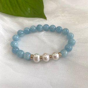 Aquamarine & Freshwater Pearl Bracelet, March Birthstone, Gold Filled, 7"inches, 8mm Beads