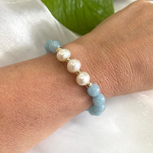 Lade das Bild in den Galerie-Viewer, Aquamarine &amp; Freshwater Pearl Bracelet, March Birthstone, Gold Filled, 7&quot;inches, 8mm Beads
