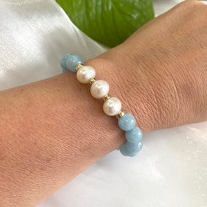 Aquamarine & Freshwater Pearl Bracelet, March Birthstone, Gold Filled, 7"inches, 8mm Beads