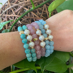 Russian Amazonite & Freshwater Pearl Stretchy Bracelet, Gold Filled, Amazonite Jewelry, 7"inches