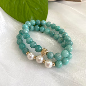 Russian Amazonite & Freshwater Pearl Stretchy Bracelet, Gold Filled, Amazonite Jewelry, 7"inches