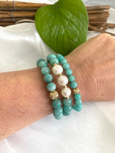 Green Russian Amazonite Stretchy Bracelet in 6 or 8mm, Gold Filled, 7"in