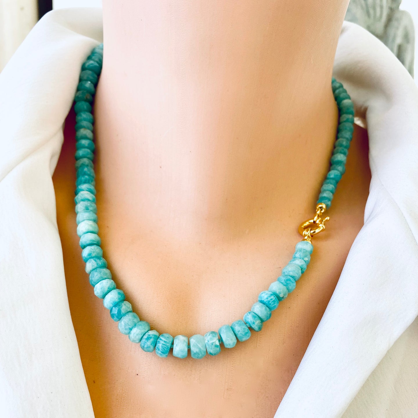 Hand Knotted & Graduated Amazonite Candy Necklace, Gold Vermeil Marine Closure