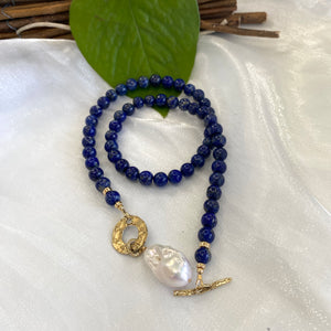 Lapis Lazuli Beaded Necklace with Freshwater Baroque Pearl, Gold Filled, Gold Bronze,18"in