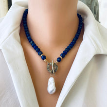 Charger l&#39;image dans la galerie, Lapis Lazuli Beaded Necklace with Freshwater Baroque Pearl, Gold Filled, Gold Bronze,18&quot;in
