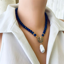 Charger l&#39;image dans la galerie, Lapis Lazuli Beaded Necklace with Freshwater Baroque Pearl, Gold Filled, Gold Bronze,18&quot;in
