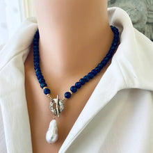 Cargar imagen en el visor de la galería, Lapis Lazuli Beaded Necklace with Freshwater Baroque Pearl, Gold Filled, Gold Bronze,17.5&quot;in 
