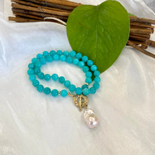 Cargar imagen en el visor de la galería, Blue Amazonite Beads and White Baroque Pearl Necklace, Gold Filled &amp; Gold Bronze Toggle Necklace, 18&#39;in
