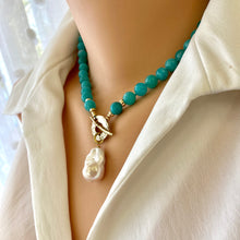 Cargar imagen en el visor de la galería, Blue Amazonite Beads and White Baroque Pearl Necklace, Gold Filled &amp; Gold Bronze Toggle Necklace, 18&#39;in
