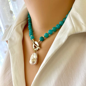 Blue Amazonite Beads and White Baroque Pearl Necklace, Gold Filled & Gold Bronze Toggle Necklace, 18'in